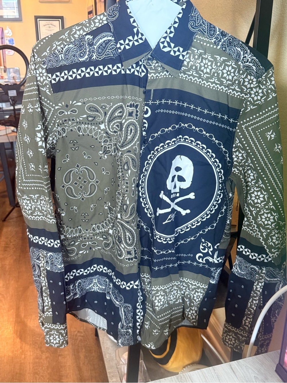 HUGO Olive & Navy Bandana Print Button-Down Shirt with Skull Motif